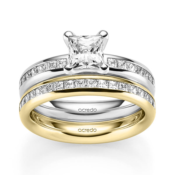 Set in Weißgold 585 mit 1 ct. + zus. 1,05 ct. Brillant & Prinzess-Diamant tw, vs tw, si von acredo