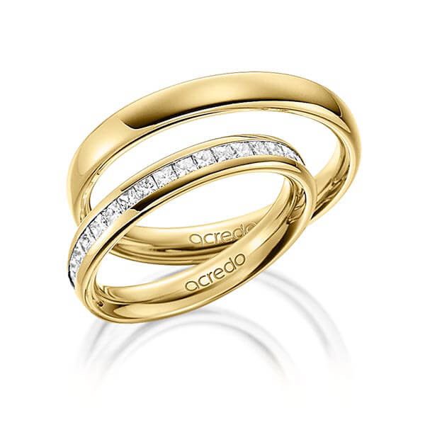 Set klassieke Memoire-trouwringen in buiten geelgoud 14 kt. , binnen geelgoud 14 kt. half gezet met in totaal 0,54 ct. Princess-Diamant tw/si van acredo