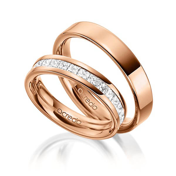 Set klassieke Memoire-trouwringen in buiten roodgoud 14 kt. , binnen roodgoud 14 kt. half gezet met in totaal 1,05 ct. Princess-Diamant tw/si van acredo - A-1533-5 Set klassieke Memoire-trouwringen in buiten roodgoud 14 kt. , binnen roodgoud 14 kt. half gezet met in totaal 1,05 ct. Princess-Diamant tw/si van acredo - A-1533-5