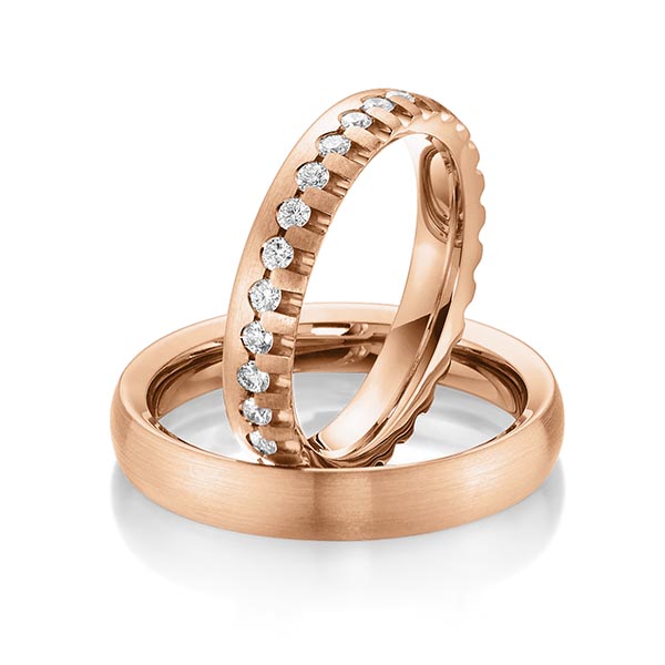 Set klassieke Memoire-trouwringen in buiten roodgoud 14 kt. , binnen roodgoud 14 kt. volledig gezet met in totaal 0,85 ct. Briljant tw/si van Steinberg - Q-1470-5