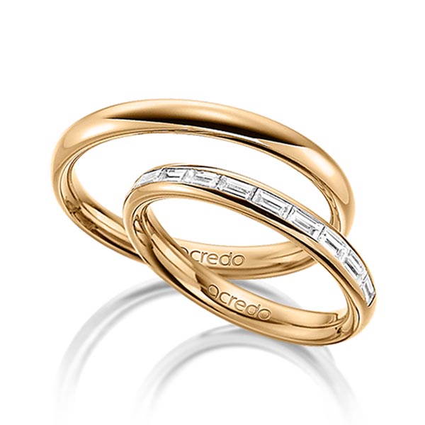 Set klassieke Memoire-trouwringen in buiten roségoud 14 kt. , binnen roségoud 14 kt. half gezet met in totaal 0,5 ct. Baguette-Diamant tw,vs van acredo - A-1532-7 Set klassieke Memoire-trouwringen in buiten roségoud 14 kt. , binnen roségoud 14 kt. half gezet met in totaal 0,5 ct. Baguette-Diamant tw,vs van acredo - A-1532-7