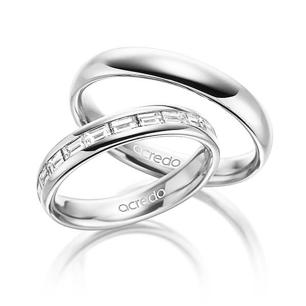 Set klassieke Memoire-trouwringen in buiten witgoud 14 kt. , binnen witgoud 14 kt. half gezet met in totaal 0,8 ct. Baguette-Diamant tw,vs van acredo - A-1530-4 Set klassieke Memoire-trouwringen in buiten witgoud 14 kt. , binnen witgoud 14 kt. half gezet met in totaal 0,8 ct. Baguette-Diamant tw,vs van acredo - A-1530-4
