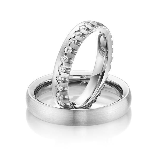 Set klassieke Memoire-trouwringen in buiten witgoud 14 kt. , binnen witgoud 14 kt. volledig gezet met in totaal 0,85 ct. Briljant tw/si van Steinberg - Q-1470-3