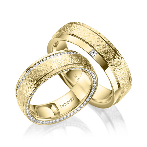 Set Klassieke Memoire-trouwringen in geelgoud 14 kt. , crushed volledig gezet met in totaal 0,6 ct. Briljant & Princess-Diamant tw/si van acredo - A-2015-13