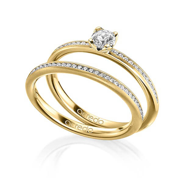 Set klassieke Memoire-trouwringen in geelgoud 14 kt. half gezet met 0,3 ct. + in totaal 0,275 ct. Briljant & Briljanten tw/si van acredo - A-1599-2 Set klassieke Memoire-trouwringen in geelgoud 14 kt. half gezet met 0,3 ct. + in totaal 0,275 ct. Briljant & Briljanten tw/si van acredo - A-1599-2