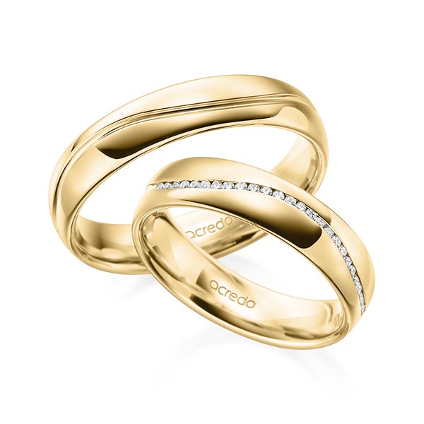 Set Klassieke Memoire-trouwringen in geelgoud 14 kt. half gezet met in totaal 0,14 ct. Briljant tw/si van acredo
