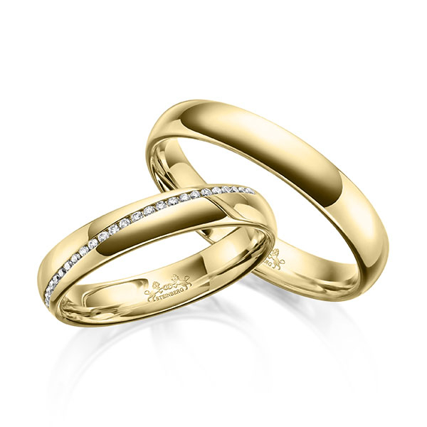 Set klassieke Memoire-trouwringen in geelgoud 14 kt. half gezet met in totaal 0,14 ct. Briljant tw/si van Steinberg