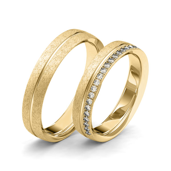 Set Klassieke Memoire-trouwringen in geelgoud 14 kt. half gezet met in totaal 0,22 ct. Briljant tw/si van Merii