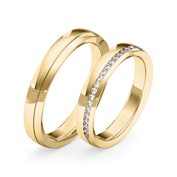 Set klassieke Memoire-trouwringen in geelgoud 14 kt. half gezet met in totaal 0,22 ct. Briljant tw/si van Merii - M-1274-6 Set klassieke Memoire-trouwringen in geelgoud 14 kt. half gezet met in totaal 0,22 ct. Briljant tw/si van Merii - M-1274-6
