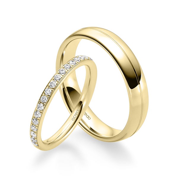 Set klassieke Memoire-trouwringen in geelgoud 14 kt. half gezet met in totaal 0,285 ct. Briljant tw/si van acredo - A-2323-2 Set klassieke Memoire-trouwringen in geelgoud 14 kt. half gezet met in totaal 0,285 ct. Briljant tw/si van acredo - A-2323-2