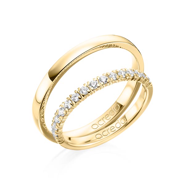 Set klassieke Memoire-trouwringen in geelgoud 14 kt. half gezet met in totaal 0,32 ct. Briljant tw/si van acredo