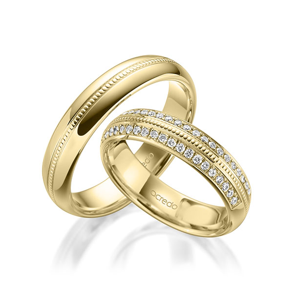 Set Klassieke Memoire-trouwringen in geelgoud 14 kt. half gezet met in totaal 0,384 ct. Briljant tw/si van acredo - A-1759-6 Set Klassieke Memoire-trouwringen in geelgoud 14 kt. half gezet met in totaal 0,384 ct. Briljant tw/si van acredo - A-1759-6