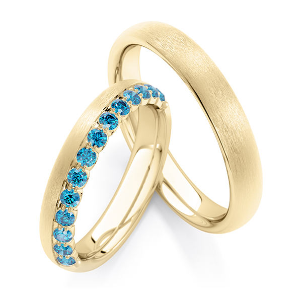 Set Klassieke Memoire-trouwringen in geelgoud 14 kt. half gezet met in totaal 0,39 ct. skyblue van Steinberg