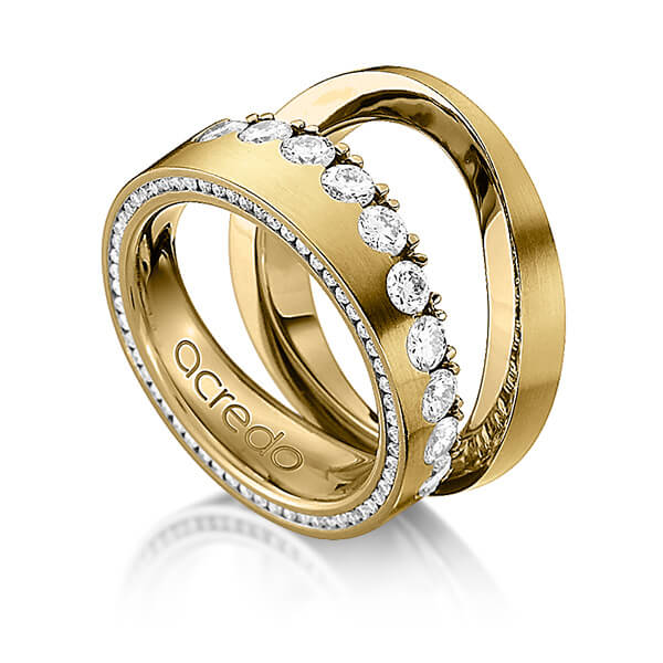 Set klassieke Memoire-trouwringen in geelgoud 14 kt. half gezet met in totaal 1,385 ct. Briljant tw/si van acredo