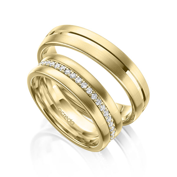 Set Klassieke Memoire-trouwringen in geelgoud 14 kt. volledig gezet met in totaal 0,38 ct. tw/si van acredo