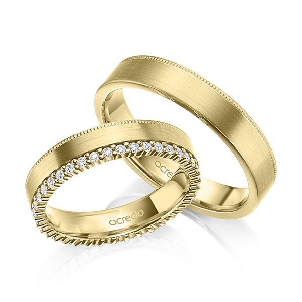 Set Klassieke Memoire-trouwringen in geelgoud 14 kt. volledig gezet met in totaal 0,39 ct. tw/si van acredo