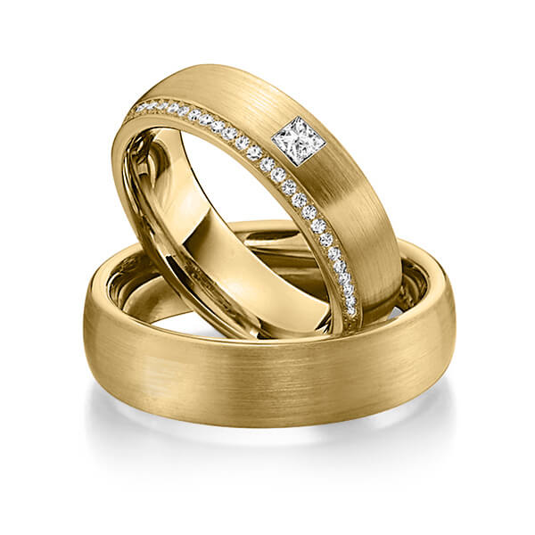 Set klassieke Memoire-trouwringen in geelgoud 14 kt. volledig gezet met in totaal 0,41 ct. Briljant & Princess-Diamant tw/si van Steinberg