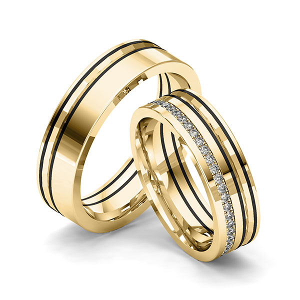 Set Klassieke Memoire-trouwringen in geelgoud 14 kt. volledig gezet met in totaal 0,45 ct. Briljant tw/if van Merii
