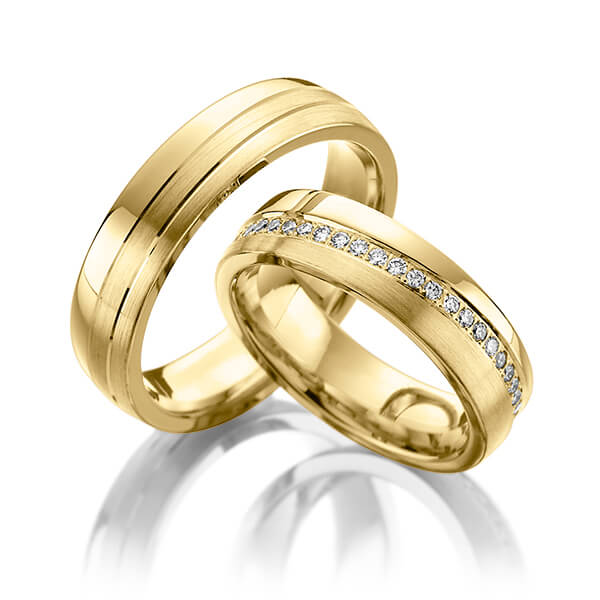 Set Klassieke Memoire-trouwringen in geelgoud 14 kt. volledig gezet met in totaal 0,45 ct. Briljant tw/si van Steinberg