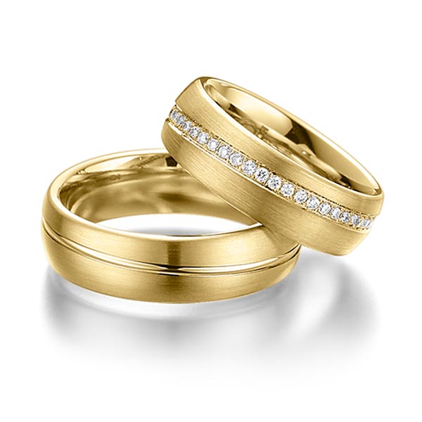 Set Klassieke Memoire-trouwringen in geelgoud 14 kt. volledig gezet met in totaal 0,45 ct. Briljant tw/si van Steinberg