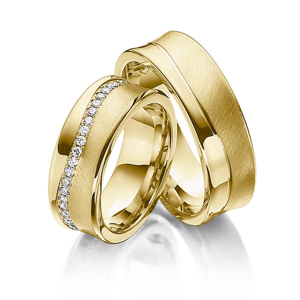 Set Klassieke Memoire-trouwringen in geelgoud 14 kt. volledig gezet met in totaal 0,47 ct. Briljant tw/si van Steinberg - Q-1193-7 Set Klassieke Memoire-trouwringen in geelgoud 14 kt. volledig gezet met in totaal 0,47 ct. Briljant tw/si van Steinberg - Q-1193-7