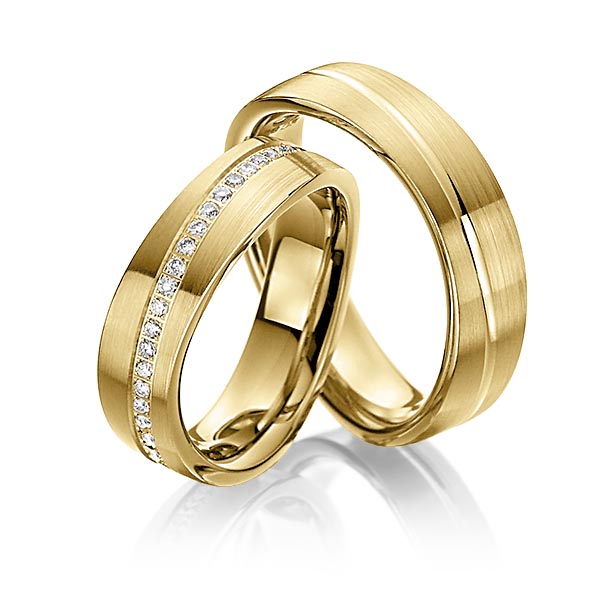 Set Klassieke Memoire-trouwringen in geelgoud 14 kt. volledig gezet met in totaal 0,48 ct. Briljant tw/si van Steinberg