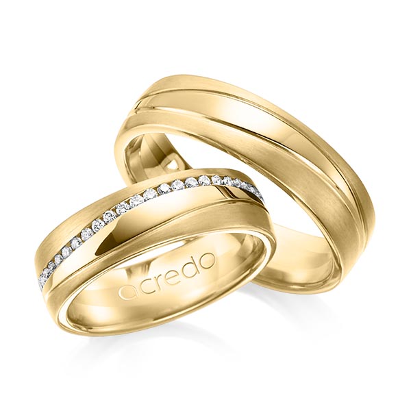 Set Klassieke Memoire-trouwringen in geelgoud 14 kt. volledig gezet met in totaal 0,4 ct. Briljant tw/si van acredo - A-1153-5 Set Klassieke Memoire-trouwringen in geelgoud 14 kt. volledig gezet met in totaal 0,4 ct. Briljant tw/si van acredo - A-1153-5