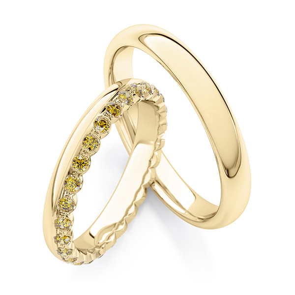 Set Klassieke Memoire-trouwringen in geelgoud 14 kt. volledig gezet met in totaal 0,54 ct. Geel van Steinberg