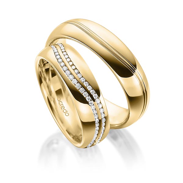 Set Klassieke Memoire-trouwringen in geelgoud 14 kt. volledig gezet met in totaal 0,59 ct. Briljant tw/si van acredo