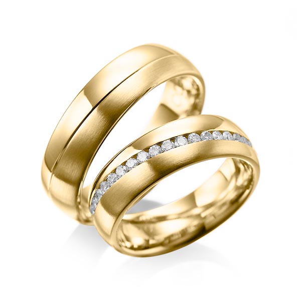 Set Klassieke Memoire-trouwringen in geelgoud 14 kt. volledig gezet met in totaal 0,76 ct. Briljant tw/si van acredo