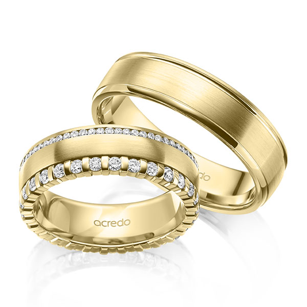 Set Klassieke Memoire-trouwringen in geelgoud 14 kt. volledig gezet met in totaal 0,85 ct. Briljant tw/si van acredo - A-2103-3