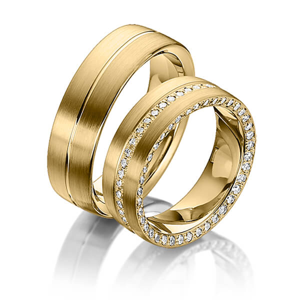 Set Klassieke Memoire-trouwringen in geelgoud 14 kt. volledig gezet met in totaal 0,87 ct. Briljant tw/si van Steinberg