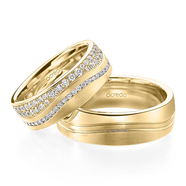 Set Klassieke Memoire-trouwringen in geelgoud 14 kt. volledig gezet met in totaal 1,085 ct. Briljant tw/si van acredo