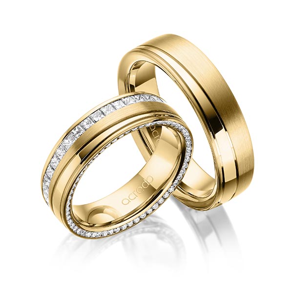 Set Klassieke Memoire-trouwringen in geelgoud 14 kt. volledig gezet met in totaal 1,38 ct. Princess-Diamant & Briljant tw/si van acredo - A-1675-3