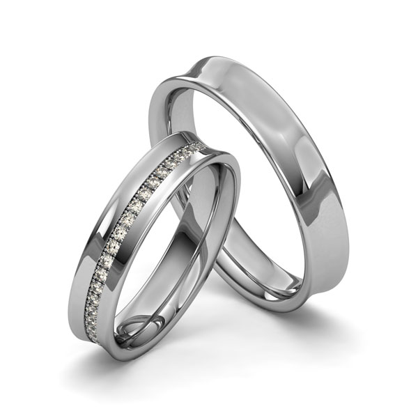 Set klassieke Memoire-trouwringen in grijsgoud 14 kt. half gezet met in totaal 0,22 ct. Briljant tw/si van Merii