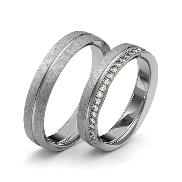 Set Klassieke Memoire-trouwringen in grijsgoud 14 kt. half gezet met in totaal 0,22 ct. Briljant tw/si van Merii
