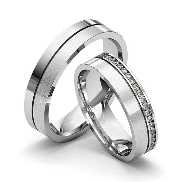 Set Klassieke Memoire-trouwringen in grijsgoud 14 kt. half gezet met in totaal 0,22 ct. Briljant tw/si van Merii