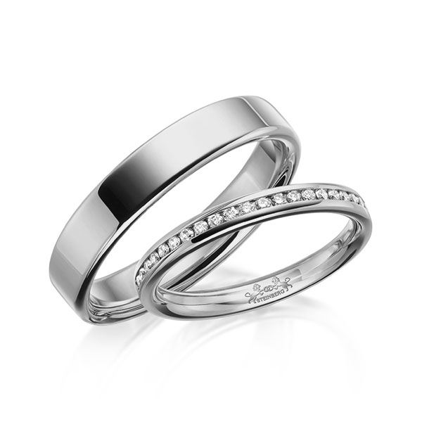 Set klassieke Memoire-trouwringen in grijsgoud 14 kt. half gezet met in totaal 0,22 ct. Briljant tw/si van Steinberg