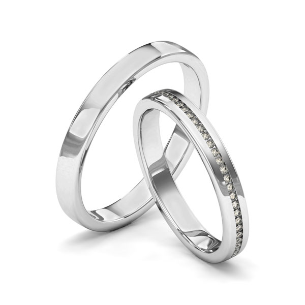 Set klassieke Memoire-trouwringen in grijsgoud 14 kt. volledig gezet met in totaal 0,29 ct. Briljant tw/si van Merii