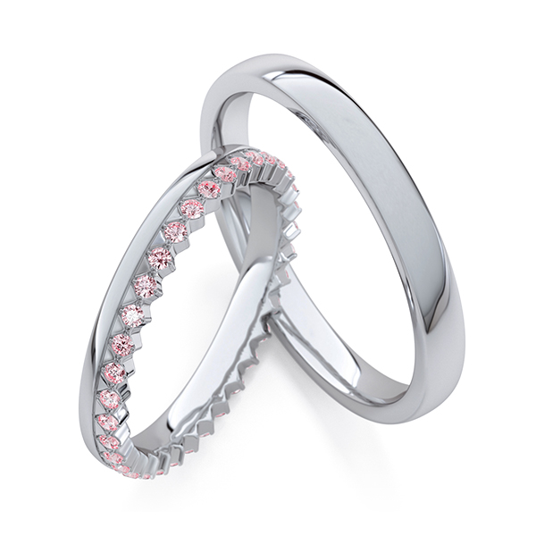 Set Klassieke Memoire-trouwringen in grijsgoud 14 kt. volledig gezet met in totaal 0,31 ct. Roze van Steinberg