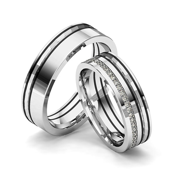 Set Klassieke Memoire-trouwringen in grijsgoud 14 kt. volledig gezet met in totaal 0,45 ct. Briljant tw/if van Merii - M-1240-8 Set Klassieke Memoire-trouwringen in grijsgoud 14 kt. volledig gezet met in totaal 0,45 ct. Briljant tw/if van Merii - M-1240-8