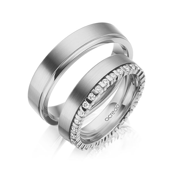 Set Klassieke Memoire-trouwringen in grijsgoud 14 kt. volledig gezet met in totaal 0,465 ct. tw/si van acredo - A-2105-1 Set Klassieke Memoire-trouwringen in grijsgoud 14 kt. volledig gezet met in totaal 0,465 ct. tw/si van acredo - A-2105-1