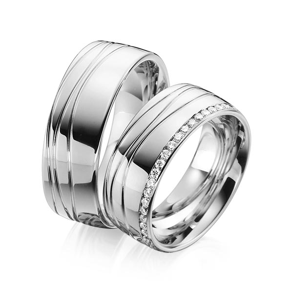 Set Klassieke Memoire-trouwringen in grijsgoud 14 kt. volledig gezet met in totaal 0,48 ct. Briljant tw/si van Steinberg