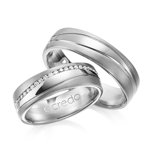 Set Klassieke Memoire-trouwringen in grijsgoud 14 kt. volledig gezet met in totaal 0,4 ct. Briljant tw/si van acredo - A-1153-11 Set Klassieke Memoire-trouwringen in grijsgoud 14 kt. volledig gezet met in totaal 0,4 ct. Briljant tw/si van acredo - A-1153-11