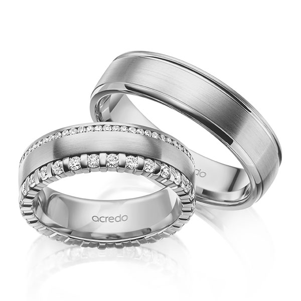 Set Klassieke Memoire-trouwringen in grijsgoud 14 kt. volledig gezet met in totaal 0,85 ct. Briljant tw/si van acredo - A-2103-1