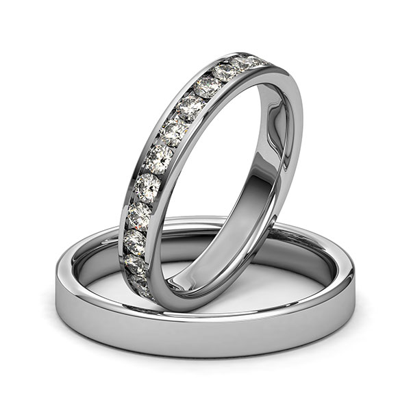 Set klassieke Memoire-trouwringen in grijsgoud 14 kt. volledig gezet met in totaal 1,3 ct. Briljant tw/si van Merii - M-1258-5 Set klassieke Memoire-trouwringen in grijsgoud 14 kt. volledig gezet met in totaal 1,3 ct. Briljant tw/si van Merii - M-1258-5