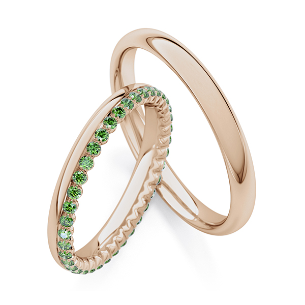 Set Klassieke Memoire-trouwringen in Peach-Gold 585 volledig gezet met in totaal 0,35 ct. Apple Green van Steinberg