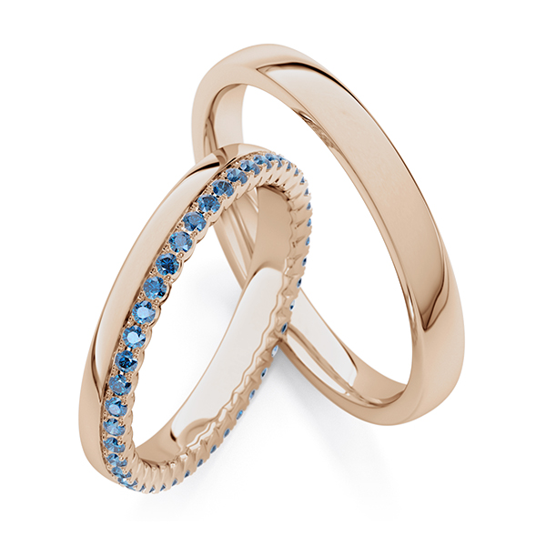 Set Klassieke Memoire-trouwringen in Peach-Gold 585 volledig gezet met in totaal 0,41 ct. oceanblue van Steinberg