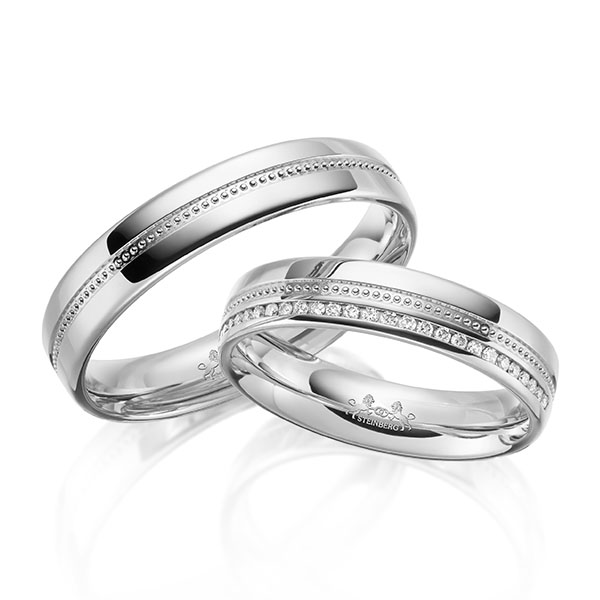 Set Klassieke Memoire-trouwringen in platina 777 half gezet met in totaal 0,14 ct. Briljant tw/si van Steinberg - Q-1723-1 Set Klassieke Memoire-trouwringen in platina 777 half gezet met in totaal 0,14 ct. Briljant tw/si van Steinberg - Q-1723-1