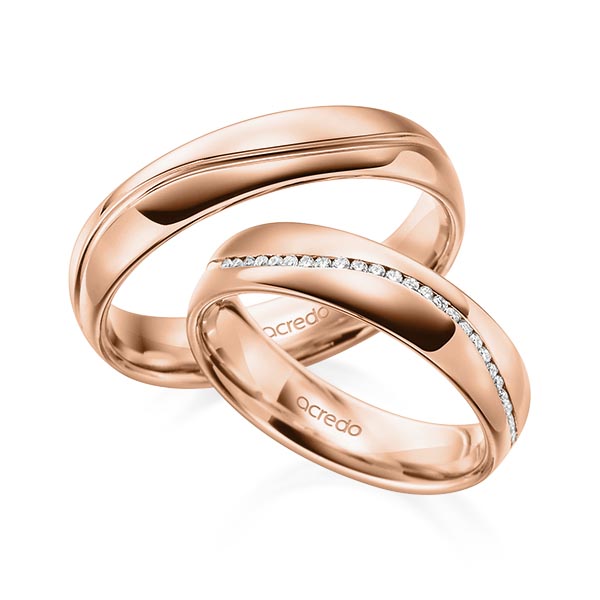 Set Klassieke Memoire-trouwringen in roodgoud 14 kt. half gezet met in totaal 0,14 ct. Briljant tw/si van acredo